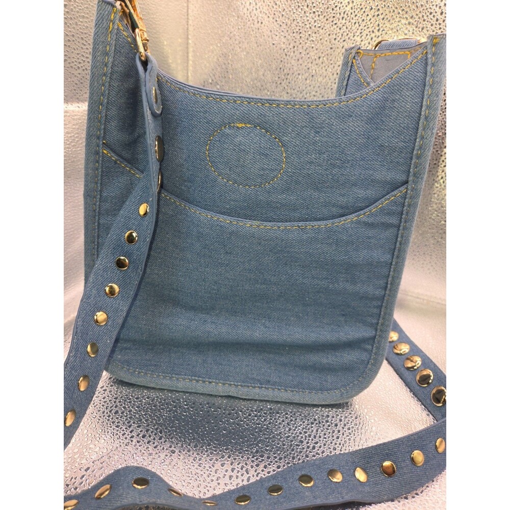 Ahdorned Light Denim Mini Messenger Bag with Studded Guitar Strap - Gold Hardwar
